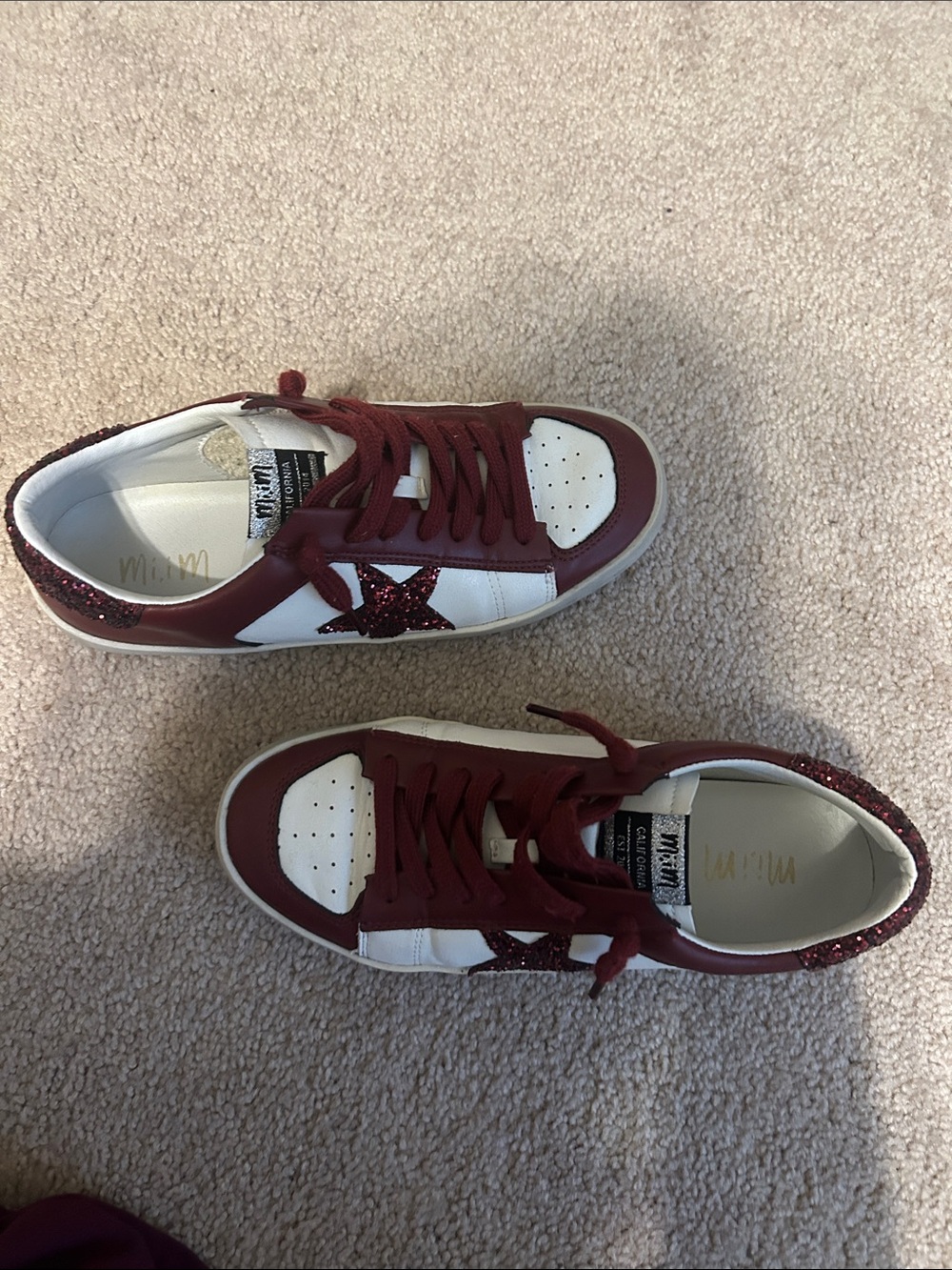 Women’s White & Burgundy Glitter Star Sneakers - Picture 3 of 4